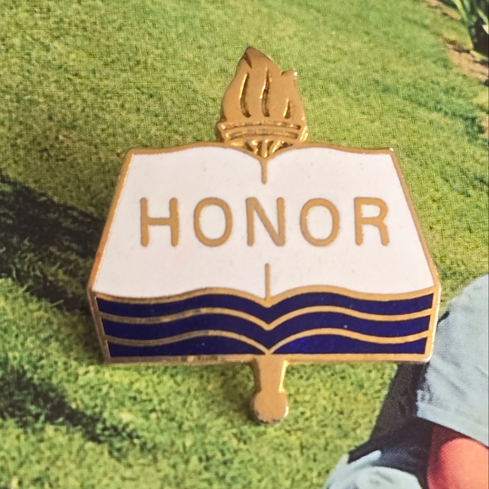 Vintage brooch Honor Enamel Pin with Gold and Blue Accents